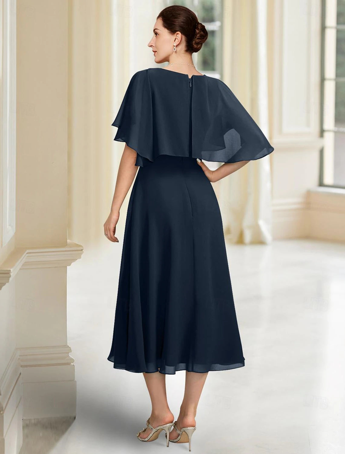 Buyishang A-Line Mother of the Bride Dress Elegant Jewel Neck Tea Length Chiffon Half Sleeve with Lace free custom size